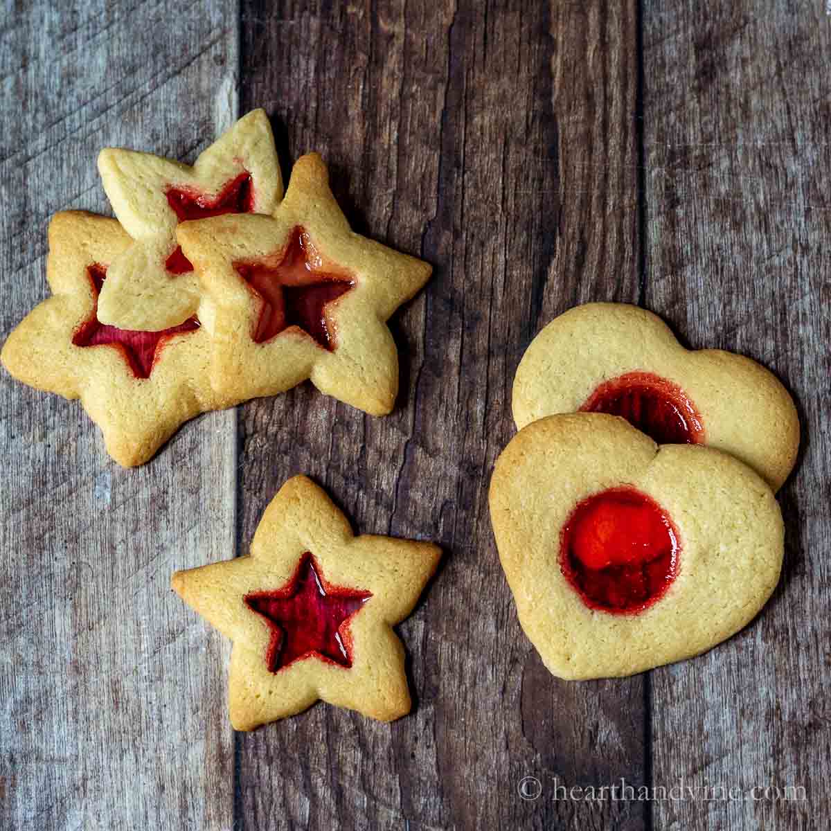 Stained glass cookies in stars and heart shapes.