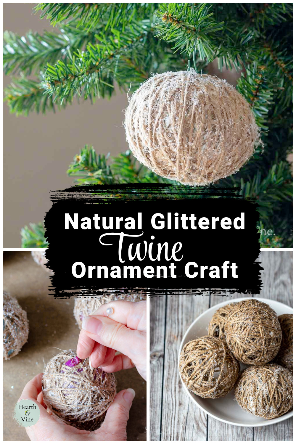 DIY Twine Ornament Balls with Glitter Hearth and Vine