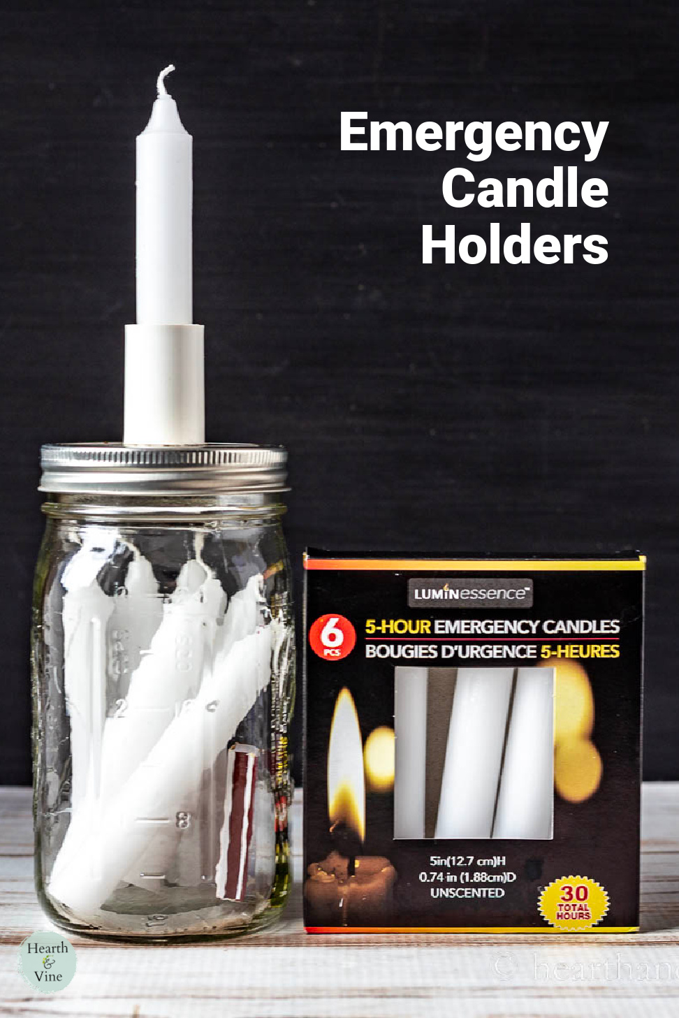 Emergency candle holder kit in a mason jar next to a box of candles.