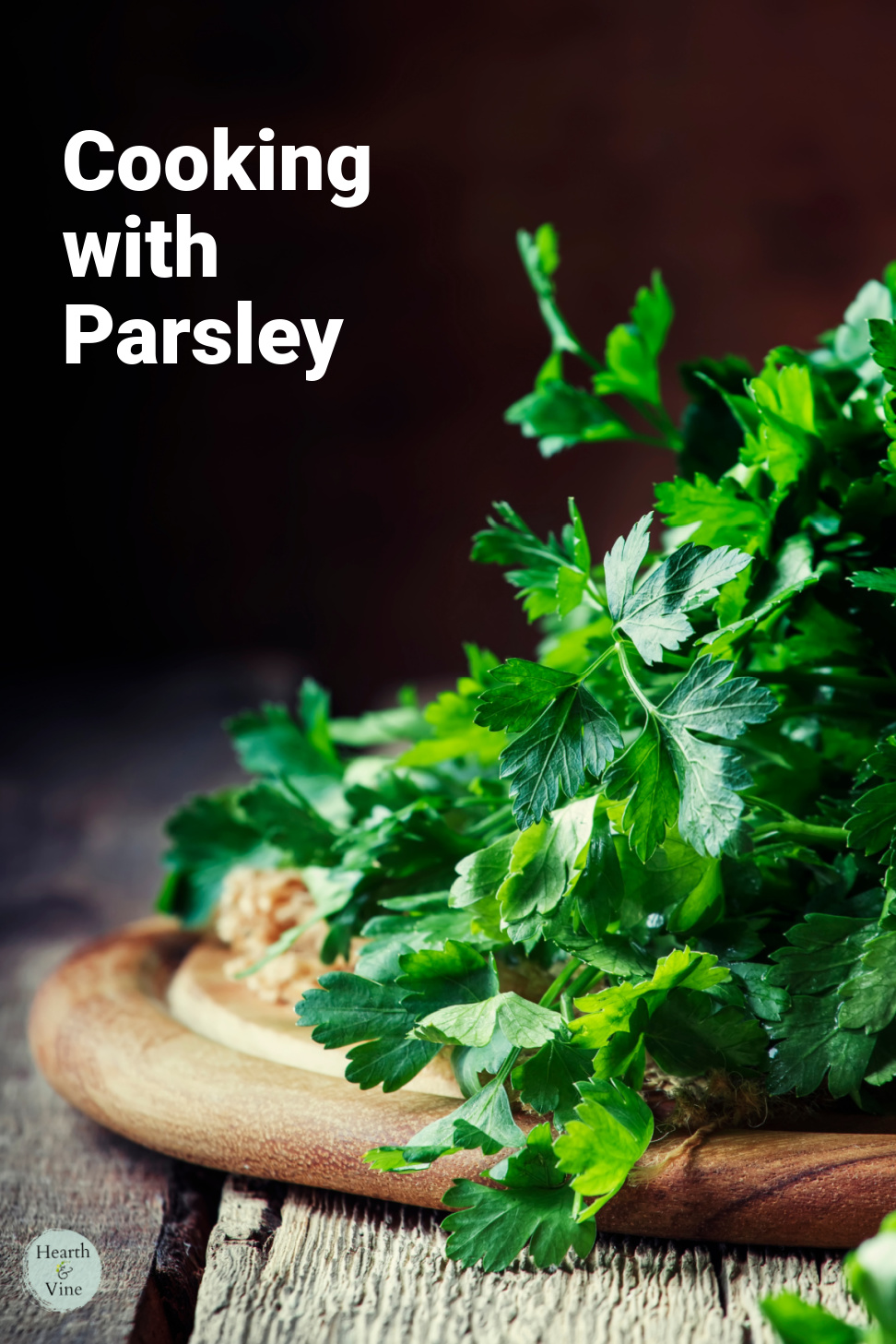 Fresh Italian parsley on a wooden chopping block.