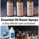 Three amber glass room spray bottles over ingredients such as distilled water, essential oils and witch hazel.