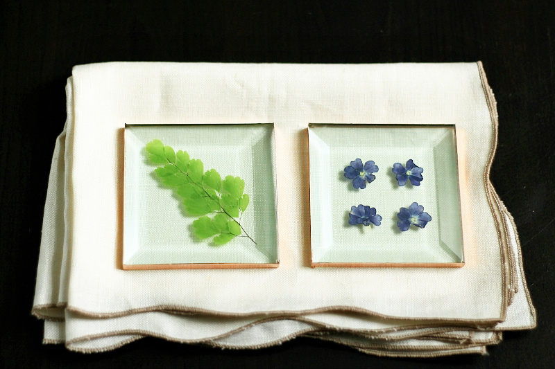 A maidenhair frond and four small purple flowers sandwiched between glass to make coasters.