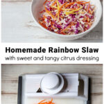 Rainbow slaw in a white bowl over a mandolin cutting carrots.