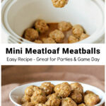 Slow cooker with meatloaf meatballs and a hand with one on a toothpick over a bowl of same meatballs.