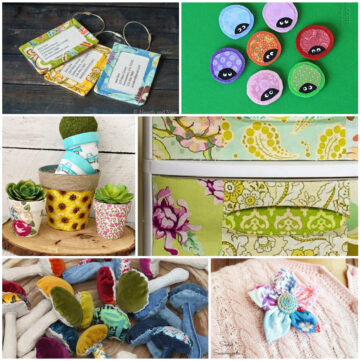 Collage of scrap fabric projects including luggage tags, magnets, pots, mushrooms, a flower and covered plastic bins.