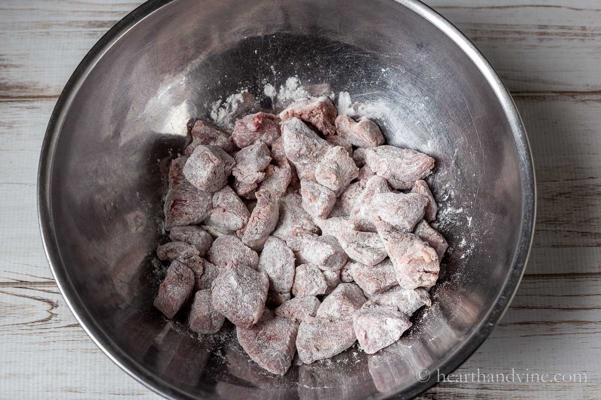 Beef cubes tossed in flour.