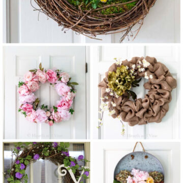Collage of five spring wreaths.