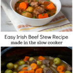 A bowl of Irish beef stew over a slow cooker with the same stew.