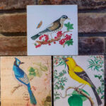 Three botanical bird prints on wood blocks.
