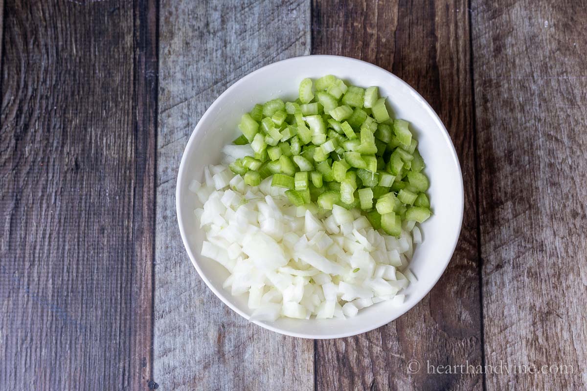 Bowl of chopped celery and onions.