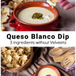 Bowl of white queso with slices of jalapeno in the middle and tortilla chips on the side.