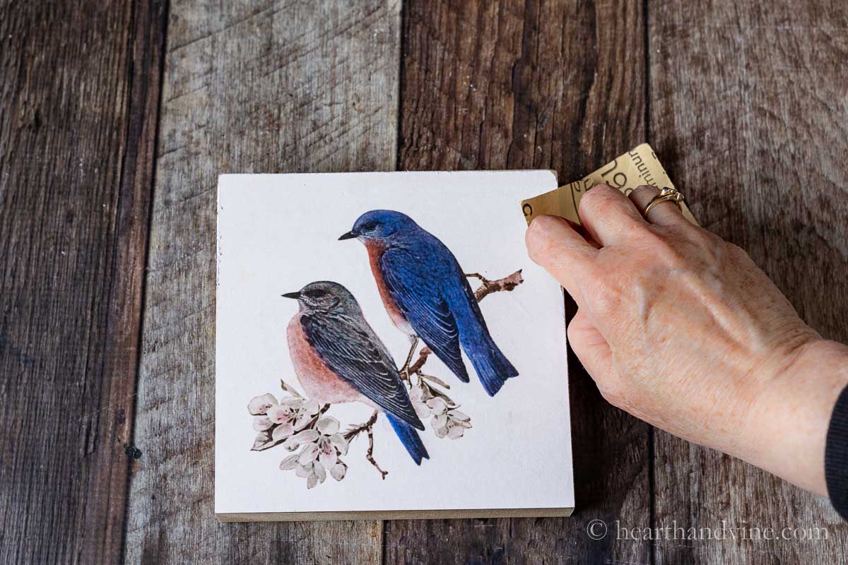 Sandpapering edges of bird print wood block art.