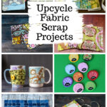 Collage of recycled fabric scrap projects including a placemat, luggage tags, mug cozies and more.
