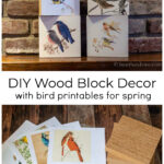 Four small bird prints on blocks over the supplies including wood blocks and bird printables.