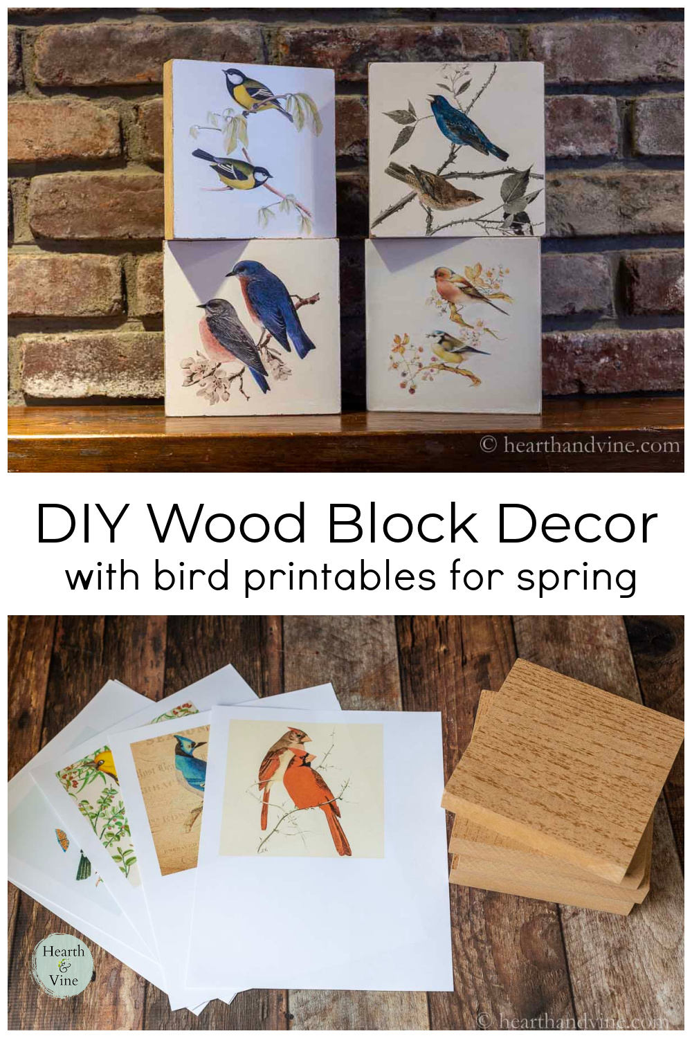 DIY Wood Block Art with Bird Prints for Spring Hearth and Vine