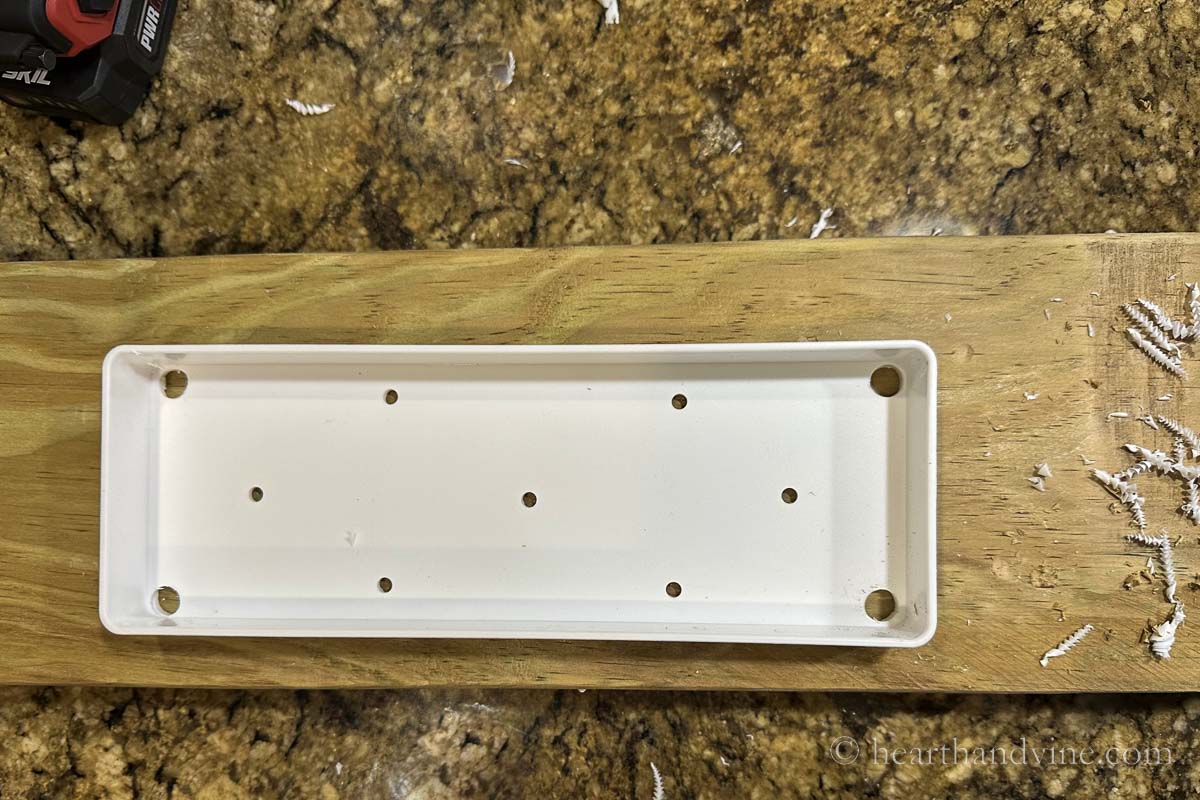 Plastic tray with large holes in the corners and smaller drainage holes in the middle and sides.