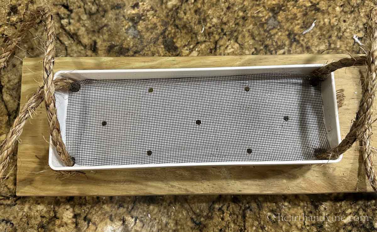 Tray with screening in the bottom to hole the birdseed while allowing water to go through.