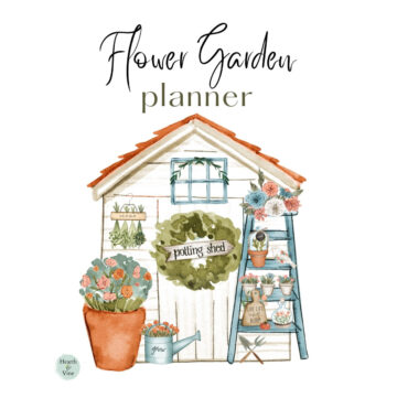 Flower garden planner cover with a potting shed, wreath, pot and ladder.