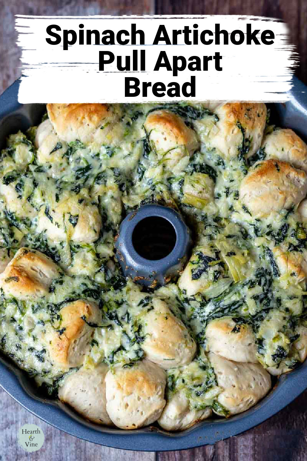 Spinach artichoke pull apart bread in a bundt pan.