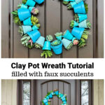 Close up look at a blue painted terracotta pot wreath with succulents over the same image from further away.