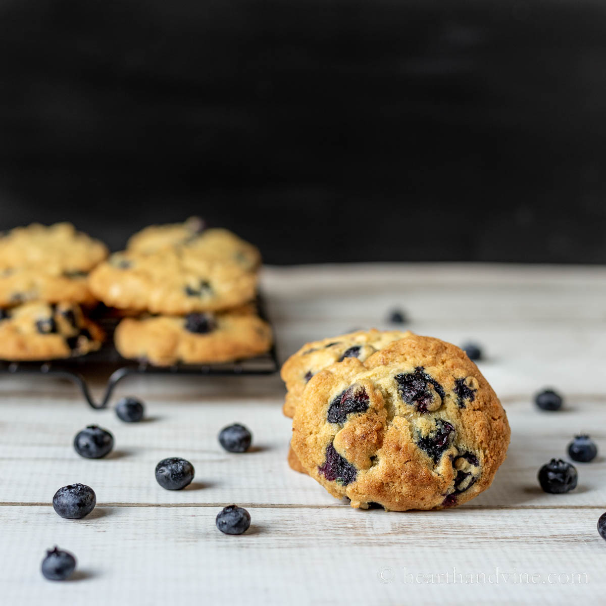 Fresh blueberry cookies with fresh blueberries scattered around.