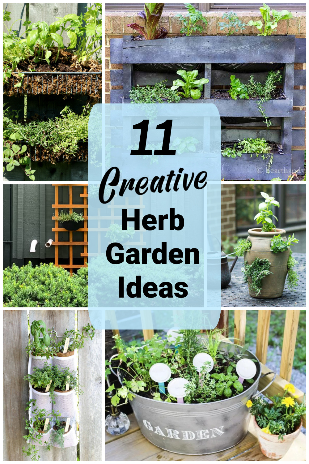 Group of six images in a collage of container herb garden ideas.