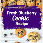 Blueberry cookies on a cooling rack and a few below surrounded by fresh berries.