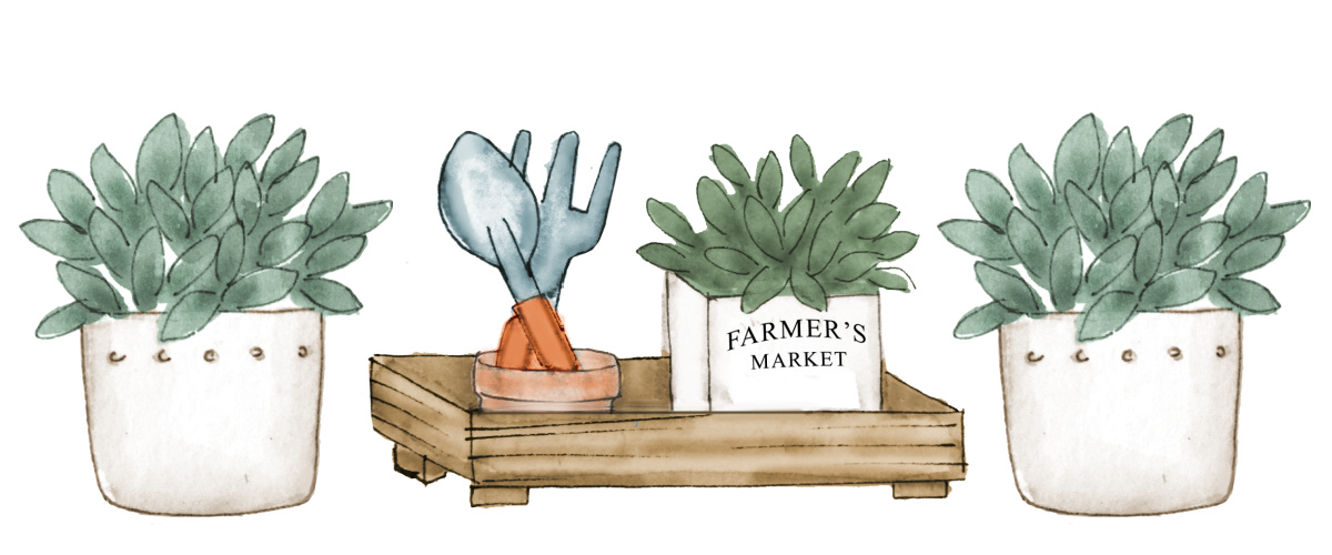 Watercolor image of two plants around a wood box with garden tools and a farmer's market bag.