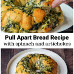 A hand pulling off a piece of spinach artichoke monkey bread over the complete bundt shaped appetizer.