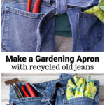 Blue jean gardening apron on a person over the same apron with garden tools and gloves in the pockets.