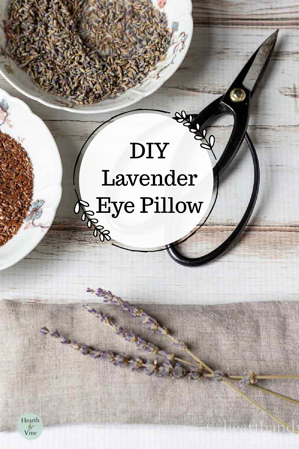 A lavender eye pillow, scissors and bowls of flaxseed and lavender buds.