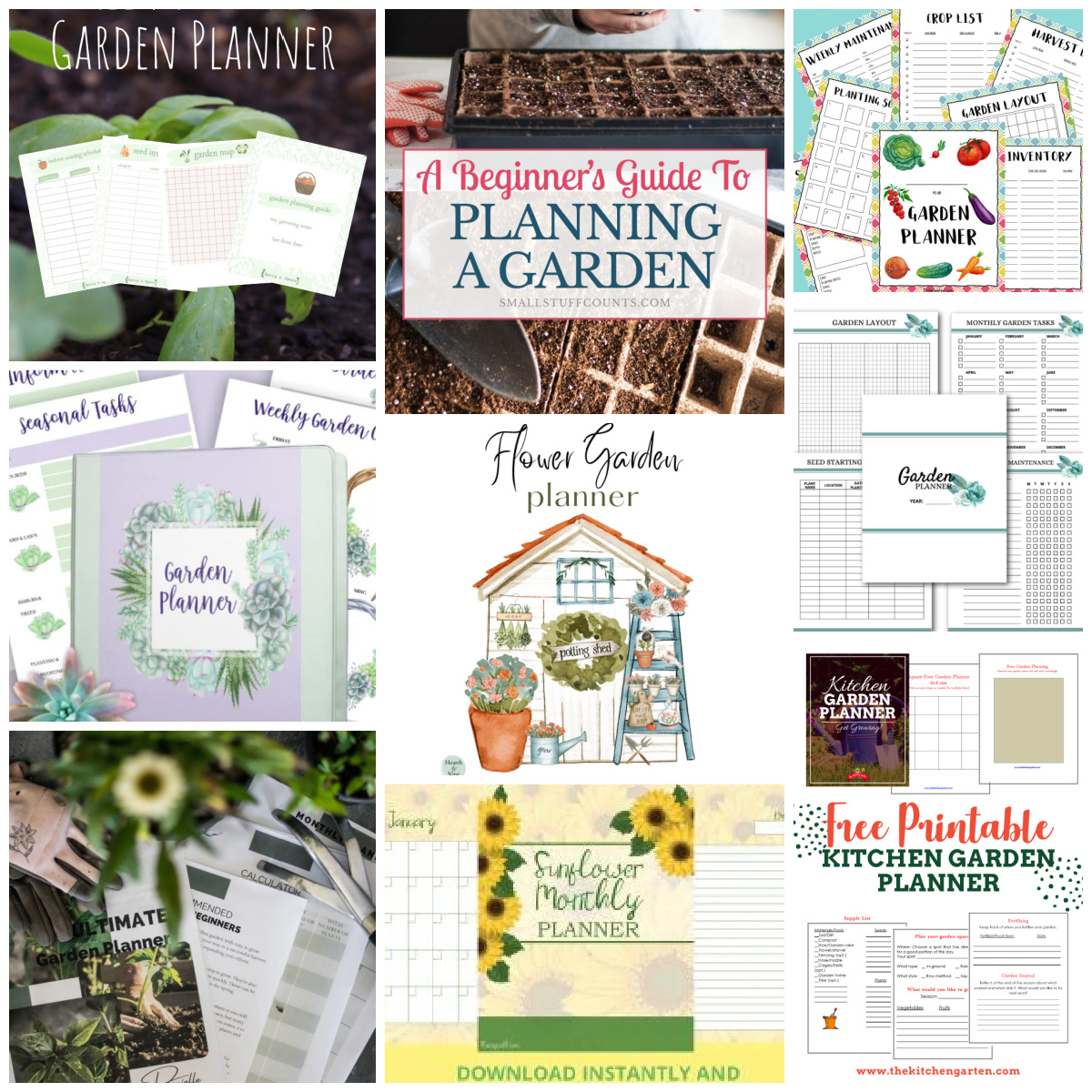 Collage of free garden planner printables.