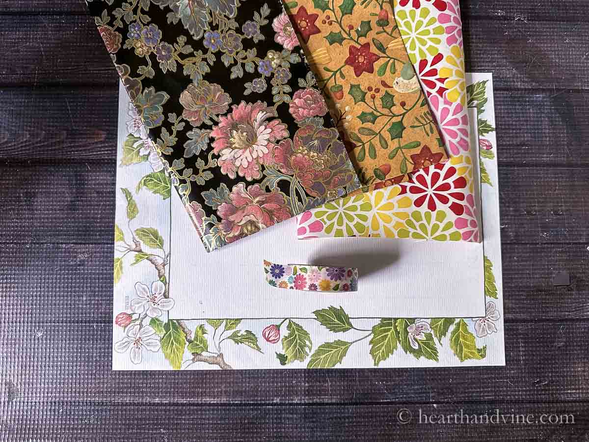 Wrapping paper, floral printer paper and washi tape with flowers.