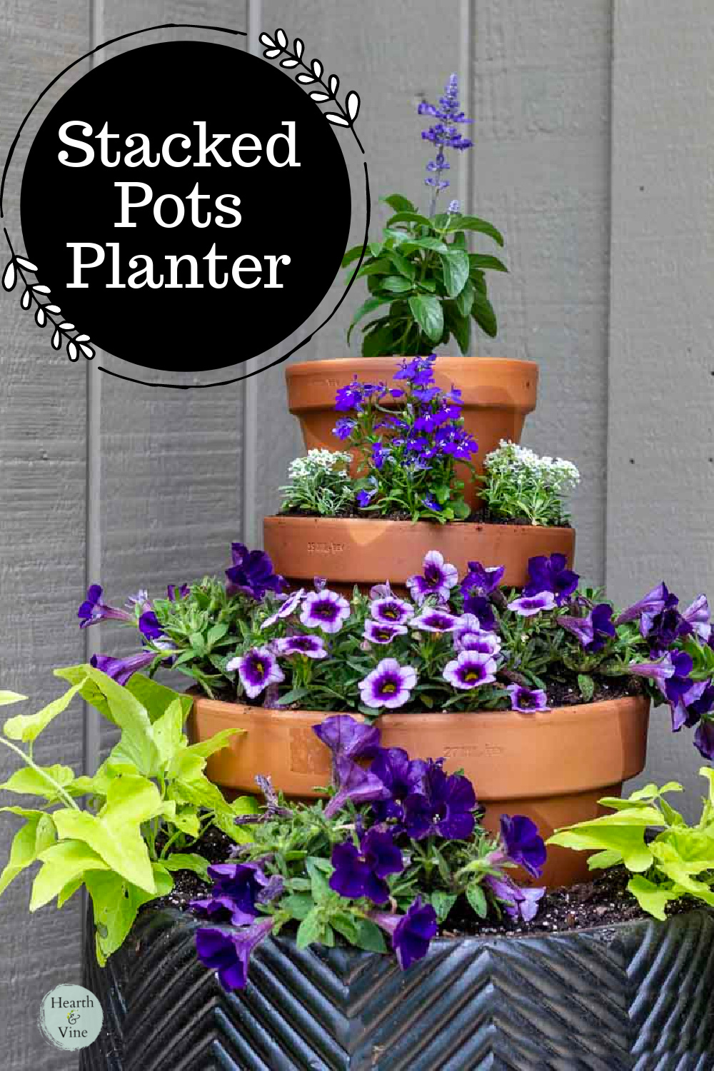 Stacked clay pots with annual flowers. Salvia, purple million bells, chartreus sweet potato vines and supertunias.