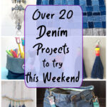 Collage of denim projects including bags, decor, wind chimes, placemat and earrings.