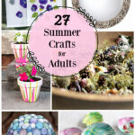 Collage of grown up crafts for the summer including homemade potpourri, a shell wreath, garden ball, pots and pretty clay trinket dishes.