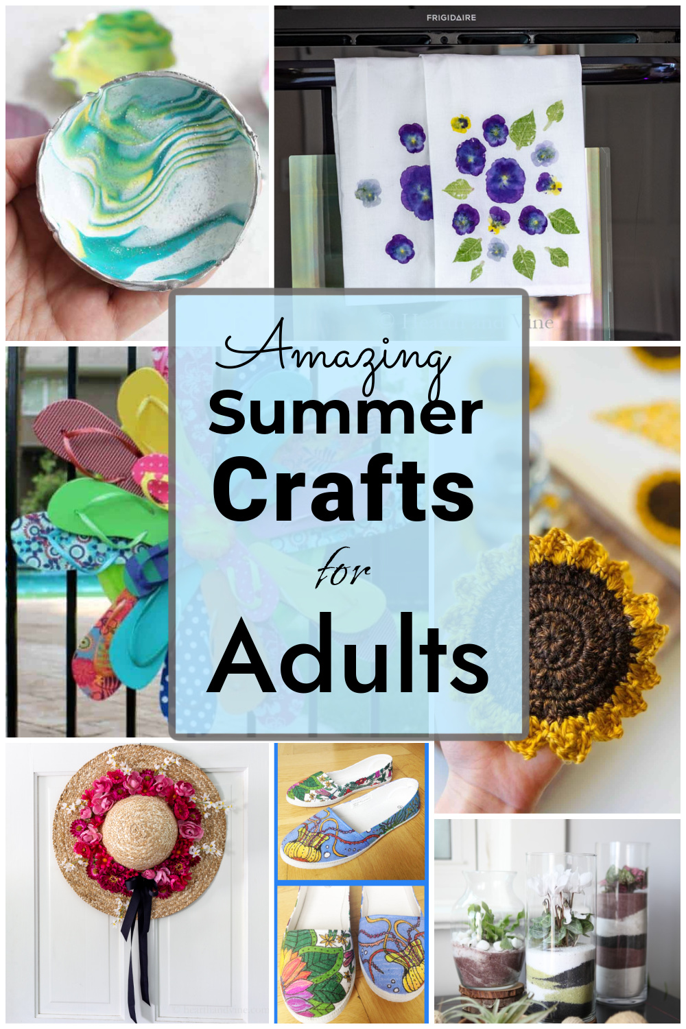 Collage of summer crafts that adults will love including clay trinket dish, flip flop wreath, flower pounded tea towel and more.
