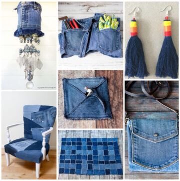 Upcycled denim projects including a garden apron, earrings, wind chimes, a chair, placemat, earbud case and a hipster bag.
