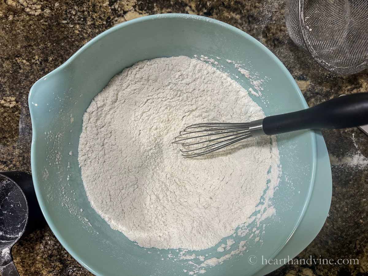 Dry ingredients whisked together. Flour, baking powder, salt and sugar.