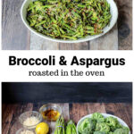 Roasted broccoli and asparagus in a serving dish over the ingredients including pine nuts, lemon, olive oil, pepper flakes and salt.