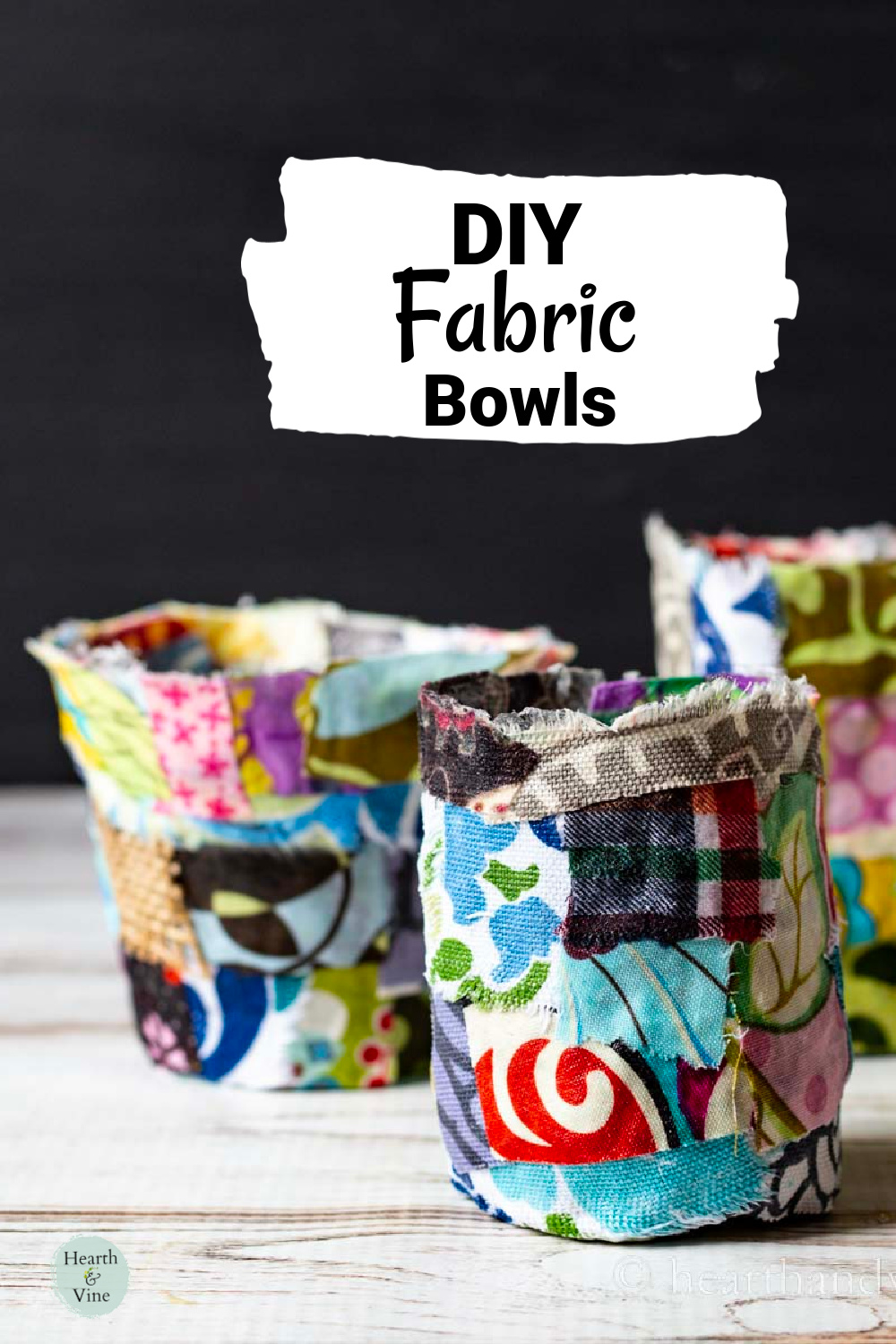 Multi-colored fabric scraps turned into pots or bowls.