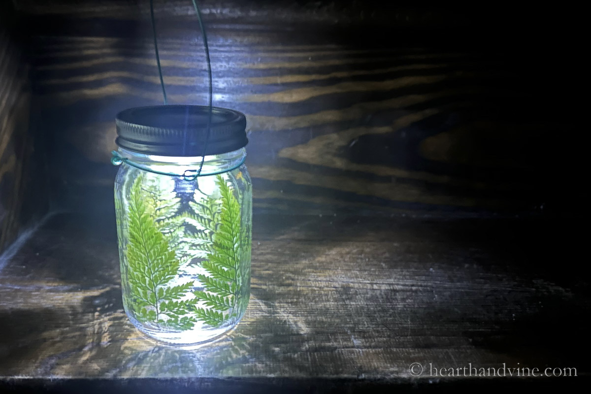 Lit mason jar lantern with ferns.