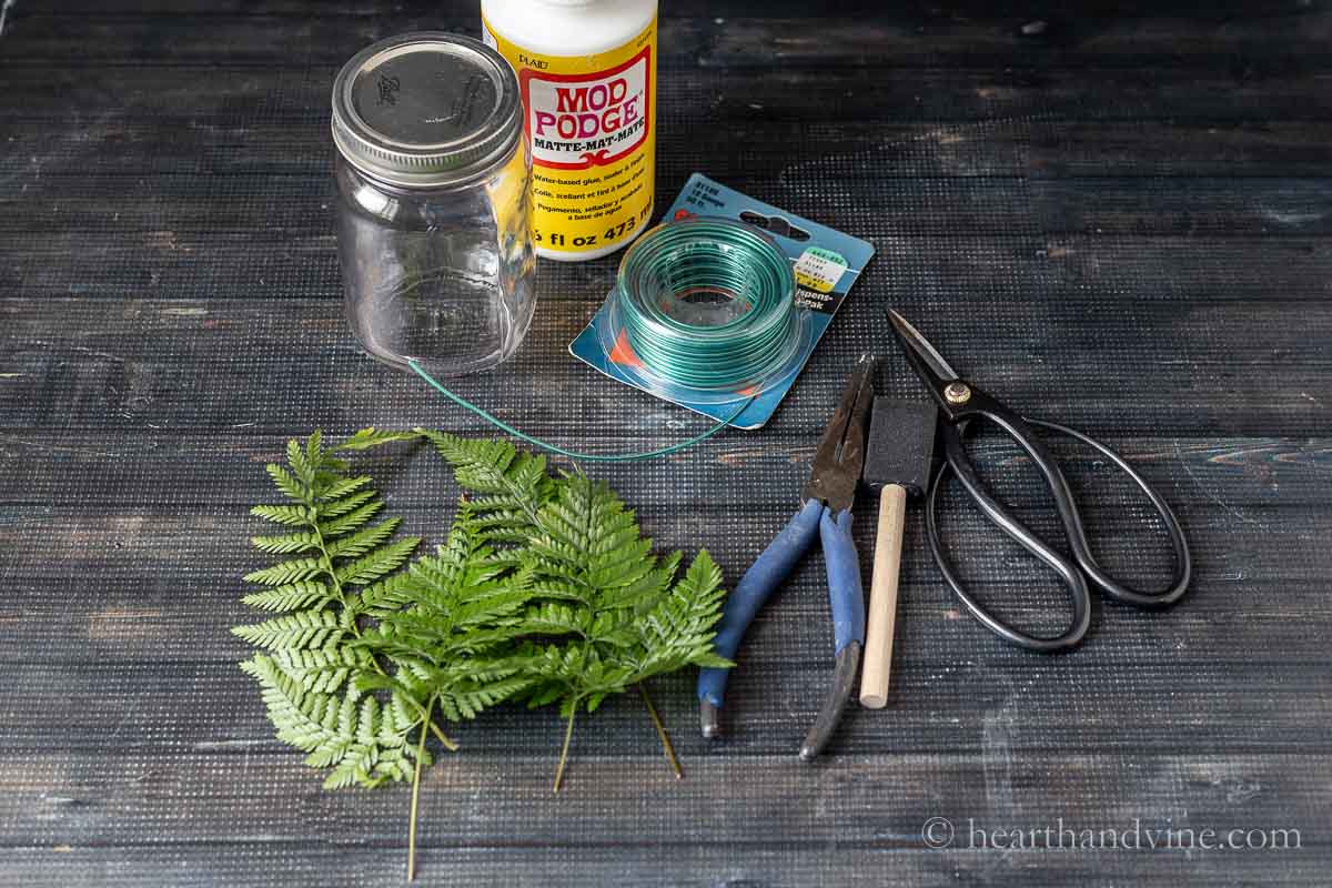 Supplies for the DIY lantern including ferns, scissors, glue, a pint mason jar, pliers, sponge brush, wire and scissors.