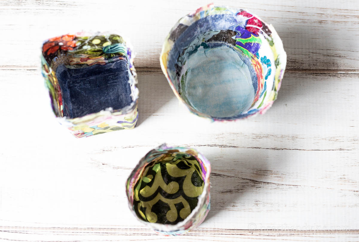 Aerial view of fabric bowls to show the bright fabric inside.
