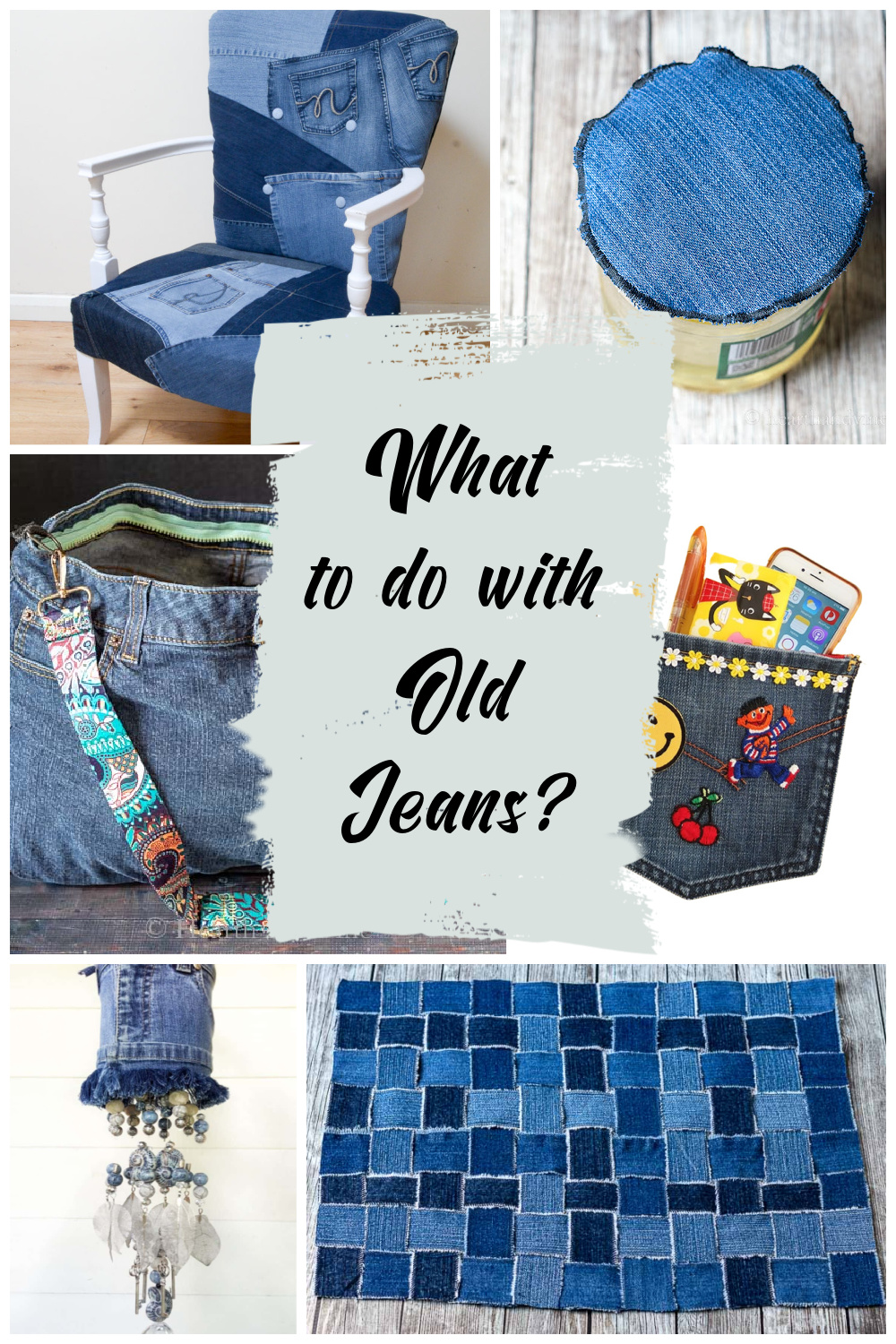 Collage of upcycled jean projects including a placemat, wind chimes, purse, chair and pouch.