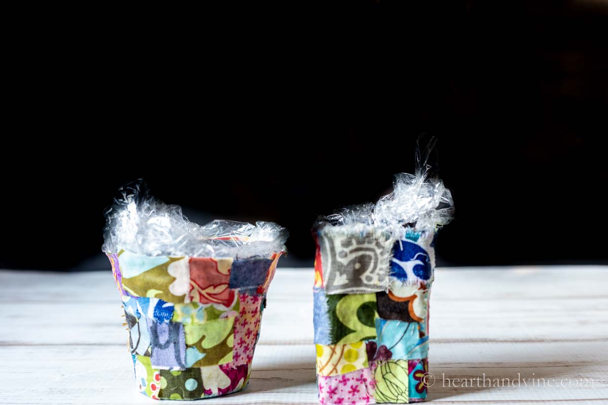 Two fabric pots made with basic plastic nursery pots.