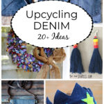 Collage of denim projects including a small purse, earrings, a crown and wreath.