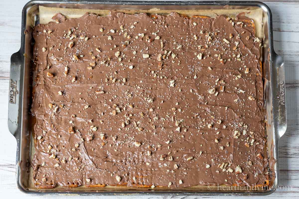 Toffee pretzel bark with chocolate, sea salt and chopped pecans.