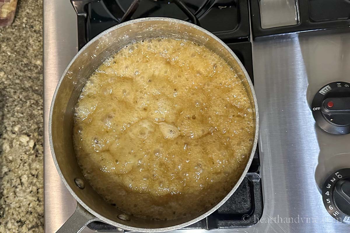 Butter and brown sugar caramelizing in a saucepan. 