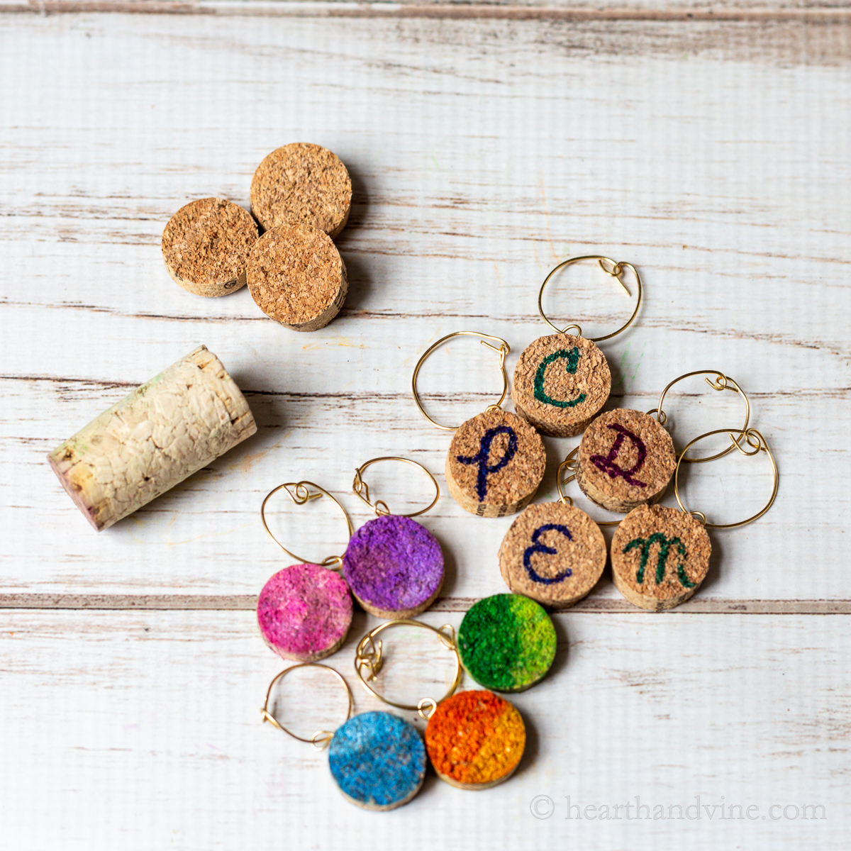 DIY wine charms made with wire and slices of wine corks.